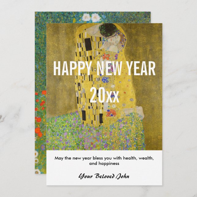 Gustav Klimt - Happy New Year with The Kiss Holiday Card (Front/Back)