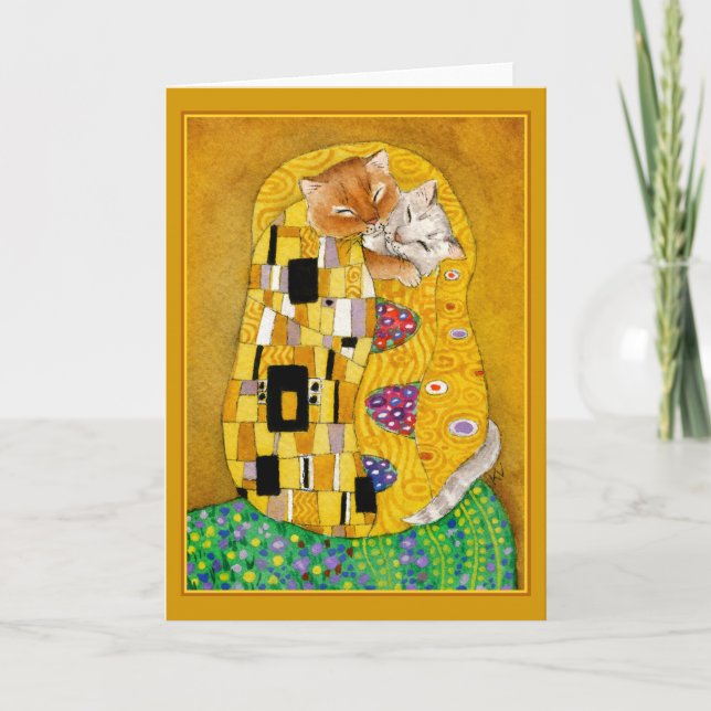 Gustav Klimt Kiss cute cat spoof greeting card (Front)