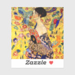 Gustav Klimt Lady with Fan<br><div class="desc">Sticker featuring Gustav Klimt’s oil painting Lady with Fan (1918). A woman wearing a blue kimono holds a red fan against a colourful yellow background of flowers and peacocks. A great gift for fans of Japonisme and European art.</div>