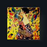 Gustav Klimt Lady with Fan 15 Cm Square Badge<br><div class="desc">Button featuring Gustav Klimt’s oil painting Lady with Fan (1918). A woman wearing a blue kimono holds a red fan against a colourful yellow background of flowers and peacocks. A great gift for fans of Japonisme and European art.</div>
