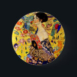 Gustav Klimt Lady with Fan 6 Cm Round Badge<br><div class="desc">Button featuring Gustav Klimt’s oil painting Lady with Fan (1918). A woman wearing a blue kimono holds a red fan against a colourful yellow background of flowers and peacocks. A great gift for fans of Japonisme and European art.</div>