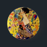 Gustav Klimt Lady with Fan 6 Cm Round Badge<br><div class="desc">Button featuring Gustav Klimt’s oil painting Lady with Fan (1918). A woman wearing a blue kimono holds a red fan against a colourful yellow background of flowers and peacocks. A great gift for fans of Japonisme and European art.</div>