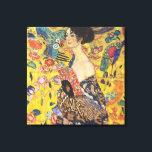 Gustav Klimt Lady With Fan Art Nouveau Painting Canvas Print<br><div class="desc">Gustav Klimt Lady With Fan Art Nouveau Painting This half portrait of a beautiful woman shows a yellow background with asiatic ornaments, colourful birds and lotus flowers. The lady wears a dress in the style of a kimono imprinted with motives of a Chinese dragon dress. Beautiful artistic romantic decorative fine...</div>