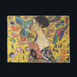 Gustav Klimt Lady With Fan Art Nouveau Painting Doormat<br><div class="desc">Gustav Klimt Lady With Fan Art Nouveau Painting This half portrait of a beautiful woman shows a yellow background with asiatic ornaments, colourful birds and lotus flowers. The lady wears a dress in the style of a kimono imprinted with motives of a Chinese dragon dress. Beautiful artistic romantic decorative fine...</div>
