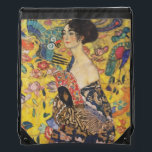 Gustav Klimt Lady With Fan Art Nouveau Painting Drawstring Bag<br><div class="desc">Gustav Klimt Lady With Fan Art Nouveau Painting This half portrait of a beautiful woman shows a yellow background with asiatic ornaments, colourful birds and lotus flowers. The lady wears a dress in the style of a kimono imprinted with motives of a Chinese dragon dress. Beautiful artistic romantic decorative fine...</div>