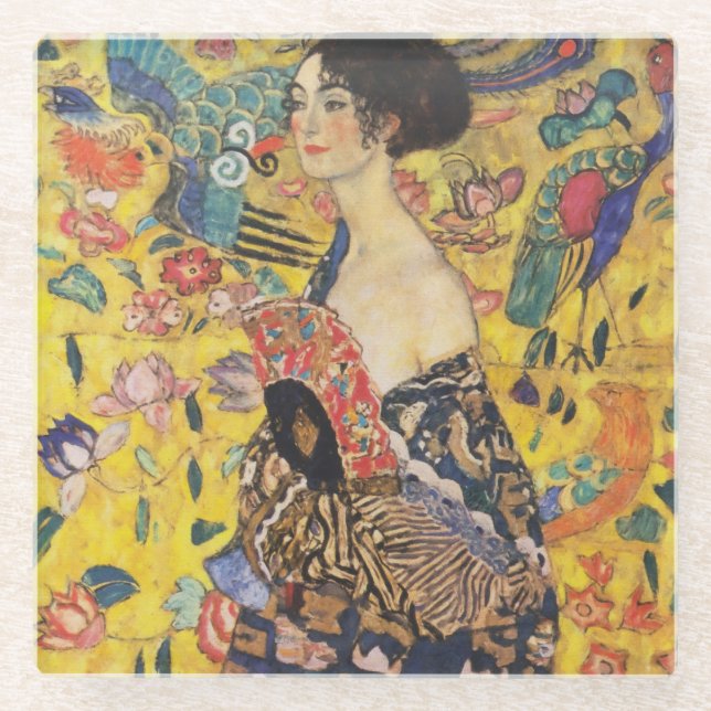 Gustav Klimt Lady With Fan Art Nouveau Painting Glass Coaster (Front)
