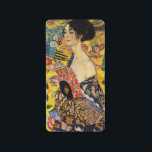 Gustav Klimt Lady With Fan Art Nouveau Painting Label<br><div class="desc">Gustav Klimt Lady With Fan Art Nouveau Painting This half portrait of a beautiful woman shows a yellow background with asiatic ornaments, colourful birds and lotus flowers. The lady wears a dress in the style of a kimono imprinted with motives of a Chinese dragon dress. Beautiful artistic romantic decorative fine...</div>