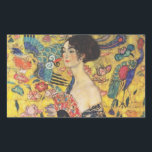 Gustav Klimt Lady With Fan Art Nouveau Painting Rectangular Sticker<br><div class="desc">Gustav Klimt Lady With Fan Art Nouveau Painting This half portrait of a beautiful woman shows a yellow background with asiatic ornaments, colourful birds and lotus flowers. The lady wears a dress in the style of a kimono imprinted with motives of a Chinese dragon dress. Beautiful artistic romantic decorative fine...</div>