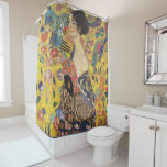 Gustav Klimt Lady With Fan Art Nouveau Painting Shower Curtain<br><div class="desc">Gustav Klimt Lady With Fan Art Nouveau Painting This half portrait of a beautiful woman shows a yellow background with asiatic ornaments, colourful birds and lotus flowers. The lady wears a dress in the style of a kimono imprinted with motives of a Chinese dragon dress. Beautiful artistic romantic decorative fine...</div>