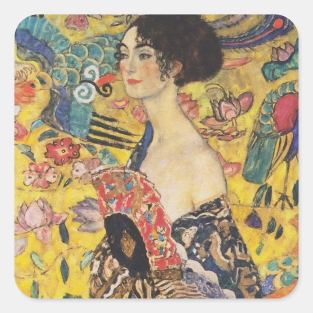 Gustav Klimt Lady With Fan Art Nouveau Painting Square Sticker (Front)