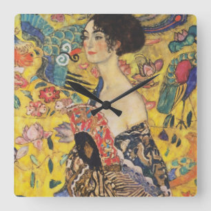 Gustav Klimt Lady With Fan Art Nouveau Painting Square Wall Clock
