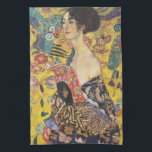 Gustav Klimt Lady With Fan Art Nouveau Painting Tea Towel<br><div class="desc">Gustav Klimt Lady With Fan Art Nouveau Painting This half portrait of a beautiful woman shows a yellow background with asiatic ornaments, colourful birds and lotus flowers. The lady wears a dress in the style of a kimono imprinted with motives of a Chinese dragon dress. Beautiful artistic romantic decorative fine...</div>