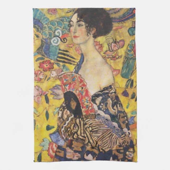 Gustav Klimt Lady With Fan Art Nouveau Painting Tea Towel (Vertical)