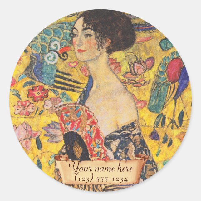 Gustav Klimt "Lady with fan" Bookplate Classic Round Sticker (Front)