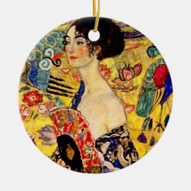 Gustav Klimt Lady with Fan Ceramic Tree Decoration (Front)