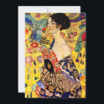 Gustav Klimt Lady with Fan Invitation<br><div class="desc">Card featuring Gustav Klimt’s oil painting Lady with Fan (1918). A woman wearing a blue kimono holds a red fan against a colourful yellow background of flowers and peacocks. A great gift for fans of Japonisme and European art.</div>