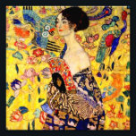 Gustav Klimt Lady with Fan Photo Print<br><div class="desc">Photo Print featuring Gustav Klimt’s oil painting Lady with Fan (1918). A woman wearing a blue kimono holds a red fan against a colourful yellow background of flowers and peacocks. A great gift for fans of Japonisme and European art.</div>