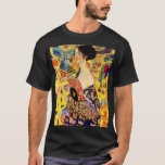 Gustav Klimt Lady with Fan T-Shirt<br><div class="desc">T-Shirt featuring Gustav Klimt’s oil painting Lady with Fan (1918). A woman wearing a blue kimono holds a red fan against a colourful yellow background of flowers and peacocks. A great gift for fans of Japonisme and European art.</div>