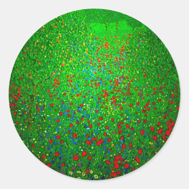 Gustav Klimt Poppy Field Classic Round Sticker (Front)