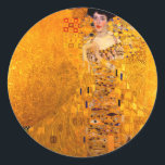 Gustav Klimt Portrait of Adele Bloch Bauer Classic Round Sticker<br><div class="desc">Stickers featuring Gustav Klimt’s oil painting Portrait of Adele Bloch Bauer I (1907). A beautiful woman wears a golden and geometric dress in front of a gold background. A great gift for fans of Art Nouveau and Austrian art.</div>