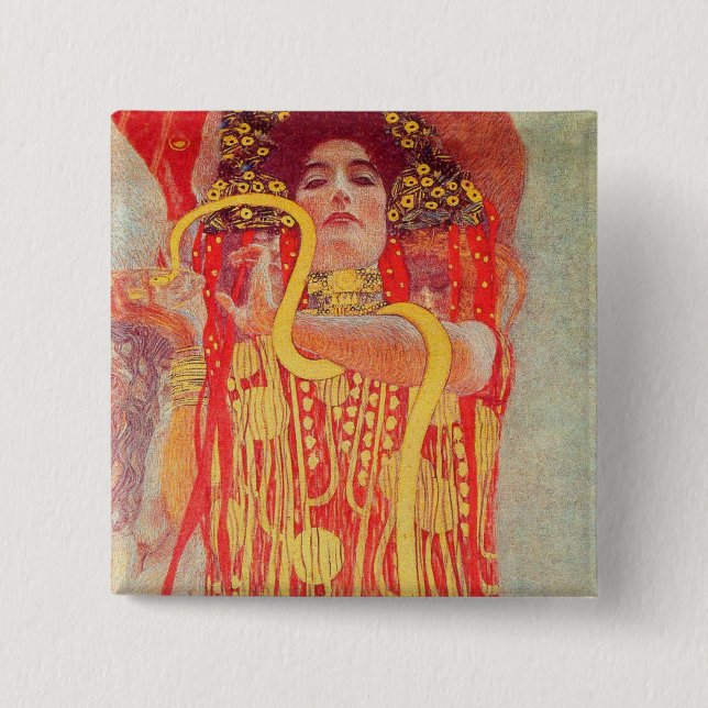 Gustav Klimt Red Woman Gold Snake Painting 15 Cm Square Badge (Front)