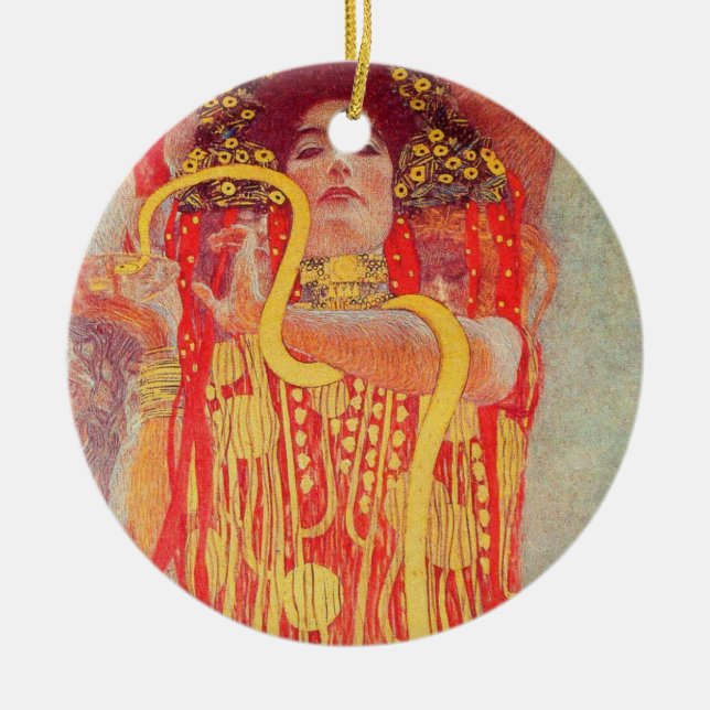 Gustav Klimt Red Woman Gold Snake Painting Ceramic Tree Decoration (Front)