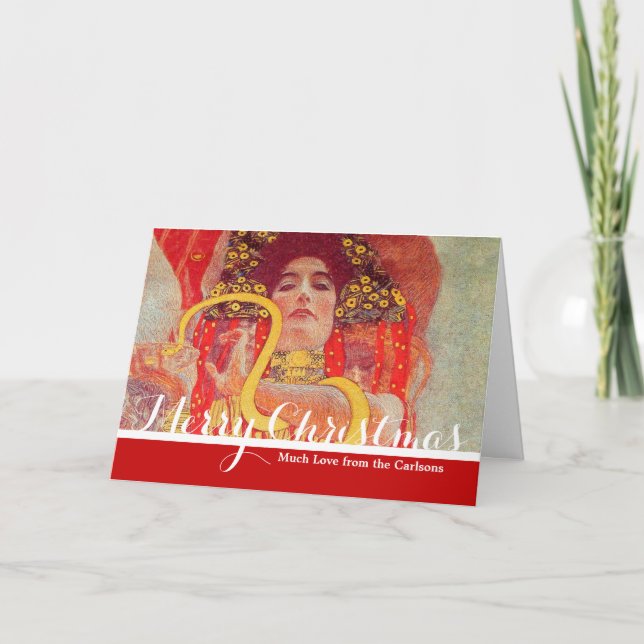Gustav Klimt Red Woman Gold Snake Painting Holiday Card (Front)