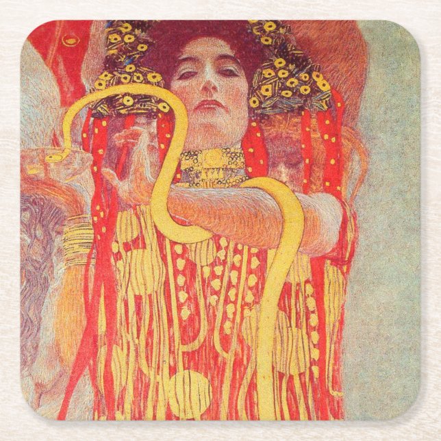 Gustav Klimt Red Woman Gold Snake Painting Square Paper Coaster (Front)