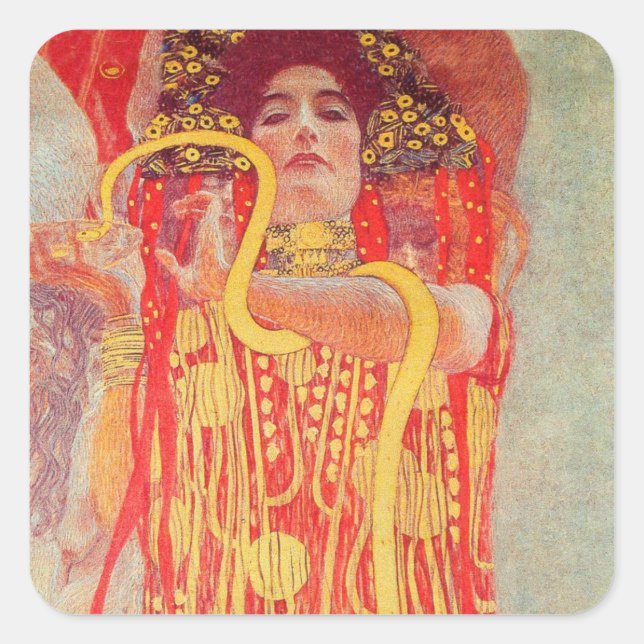 Gustav Klimt Red Woman Gold Snake Painting Square Sticker (Front)