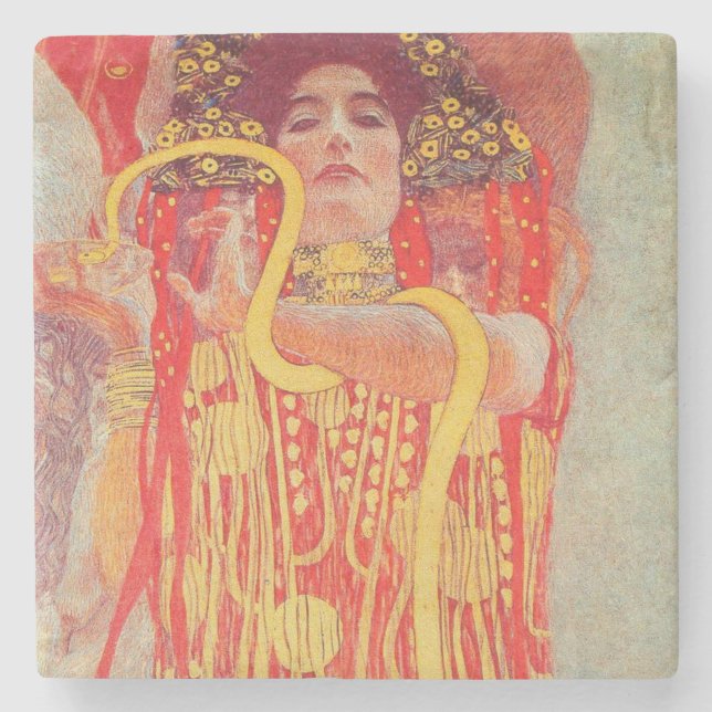Gustav Klimt Red Woman Gold Snake Painting Stone Coaster (Front)