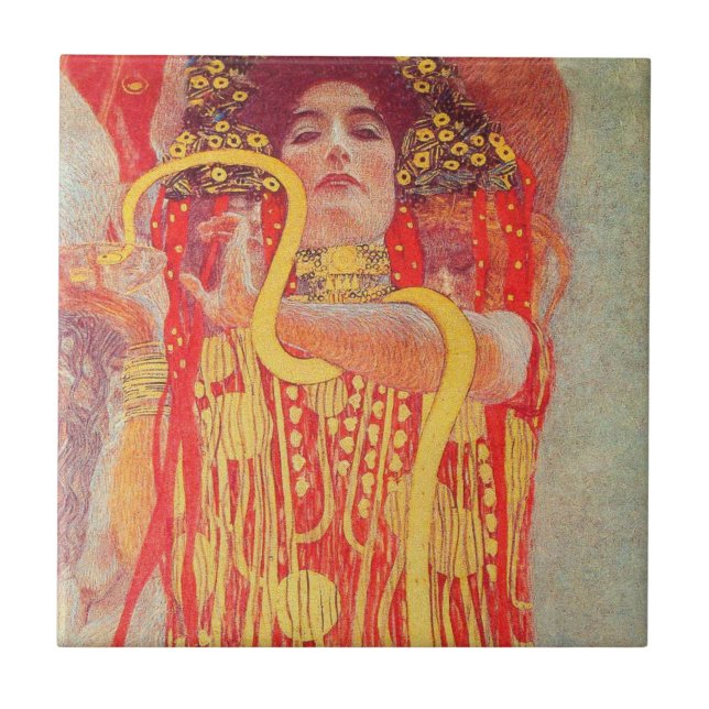 Gustav Klimt Red Woman Gold Snake Painting Tile (Front)