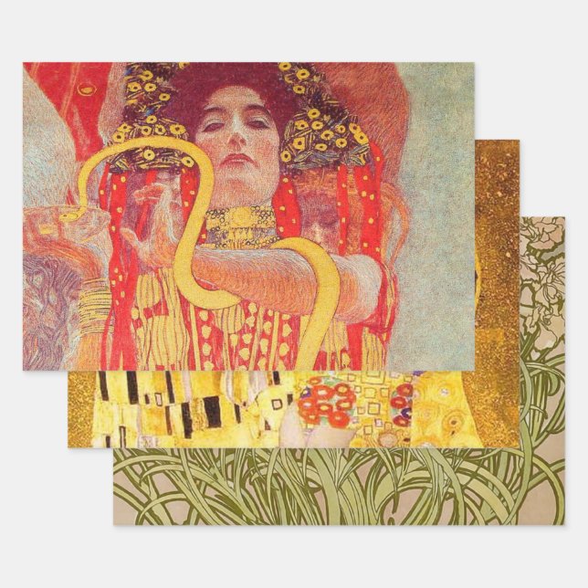 Gustav Klimt Red Woman Gold Snake Painting Wrapping Paper Sheet (Set)