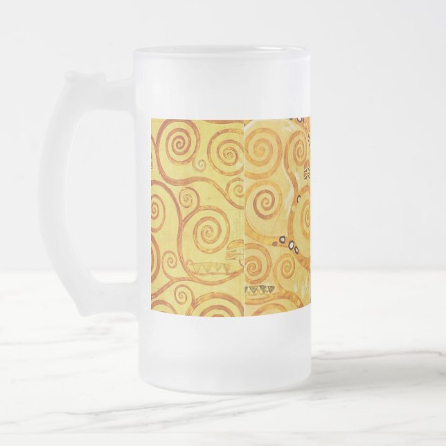 Gustav Klimt Tree of Life: Art Nouveau Symbolist Frosted Glass Beer Mug (Left)