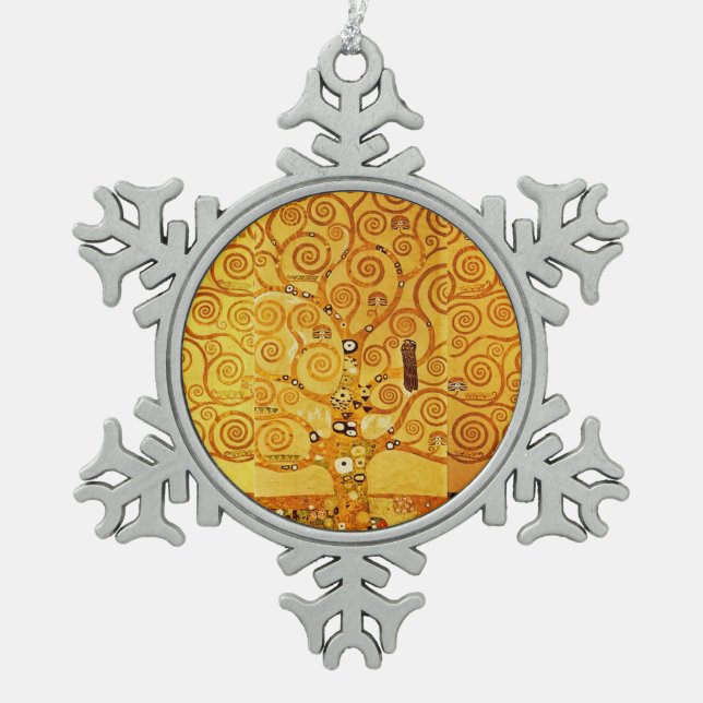 Gustav Klimt Tree of Life: Art Nouveau Symbolist Snowflake Pewter Christmas Ornament (Front)