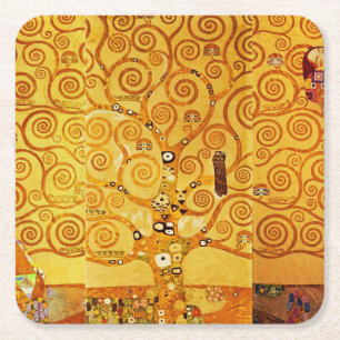 Gustav Klimt Tree of Life: Art Nouveau Symbolist Square Paper Coaster