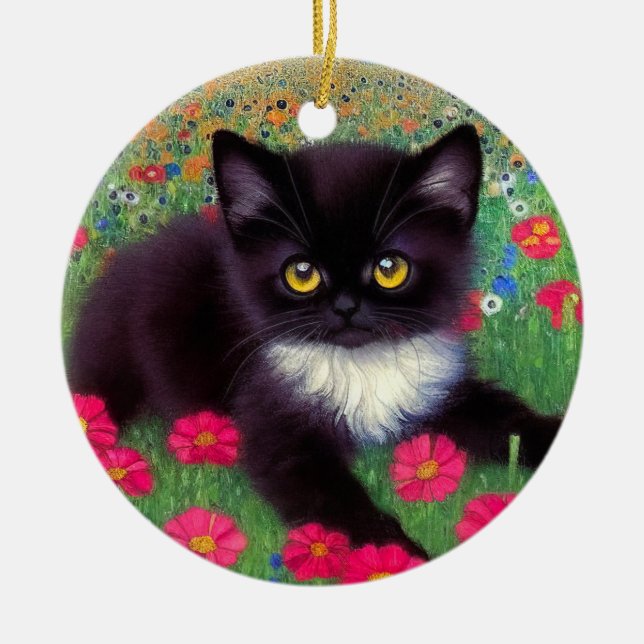 Gustav Klimt Tuxedo Cat Ceramic Tree Decoration (Front)