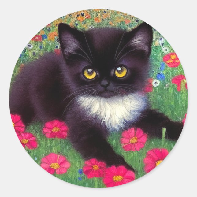 Gustav Klimt Tuxedo Cat Classic Round Sticker (Front)