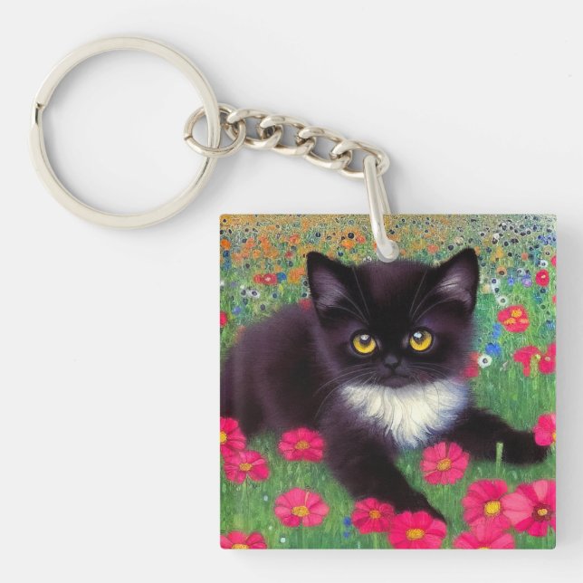 Gustav Klimt Tuxedo Cat Key Ring (Front)