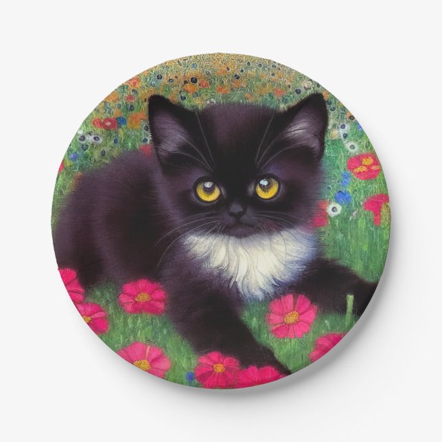 Gustav Klimt Tuxedo Cat Paper Plate (Front)