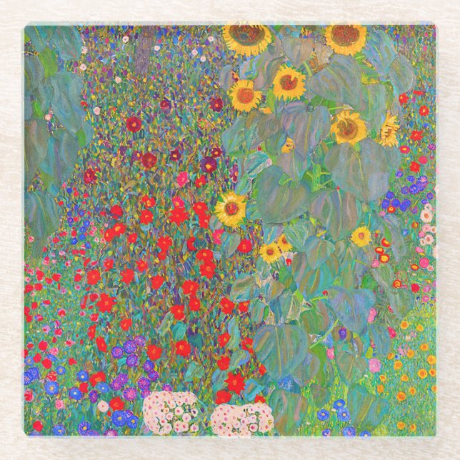 Gustav Klimt's Farm Garden with Sunflowers  Glass Coaster (Front)