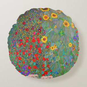 Gustav Klimt's Farm Garden with Sunflowers Round Cushion