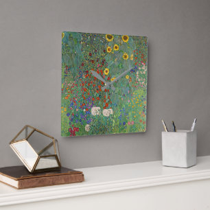 Gustav Klimt's Farm Garden with Sunflowers Square Wall Clock