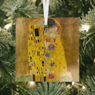 Gustav Klimt's The Kiss famous painting.     Glass Tree Decoration
