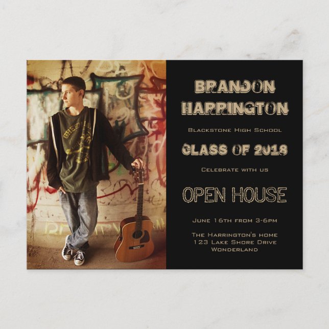Guy Grad Grunge Photo Open House Invitation Postcard (Front)