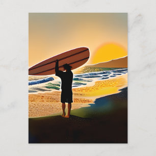 Guy on Beach with Surf Board at Sunset Postcard