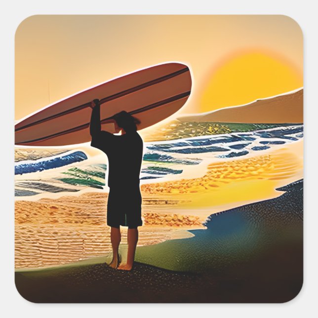 Guy on Beach with Surf Board at Sunset Square Sticker (Front)