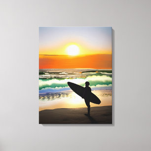 Guy on Beach with Surf Board Sunset Canvas Print