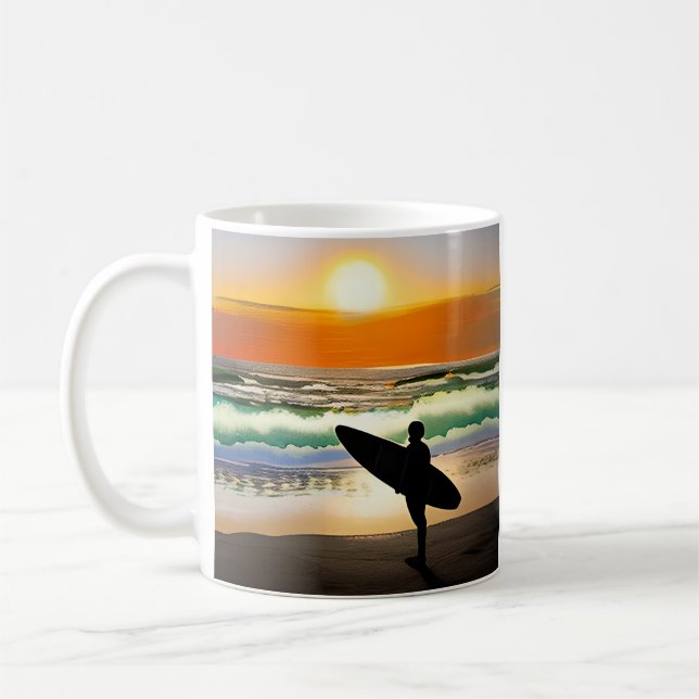Guy on Beach with Surf Board Sunset Coffee Mug (Left)