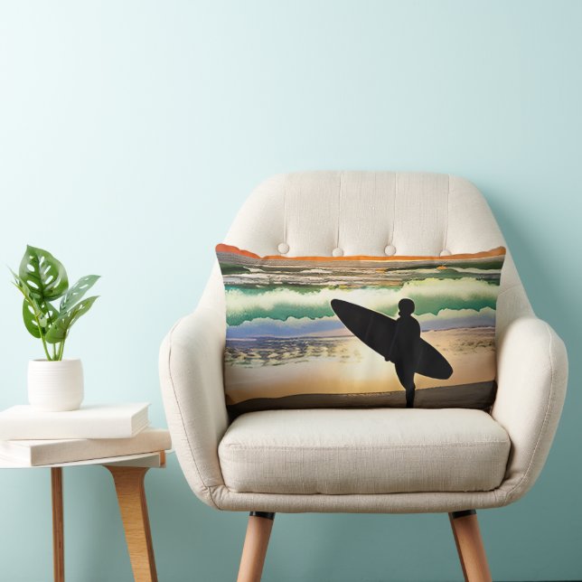Guy on Beach with Surf Board Sunset Lumbar Cushion (Chair)
