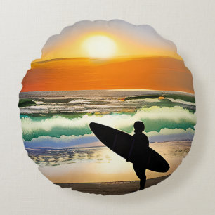 Guy on Beach with Surf Board Sunset Round Cushion